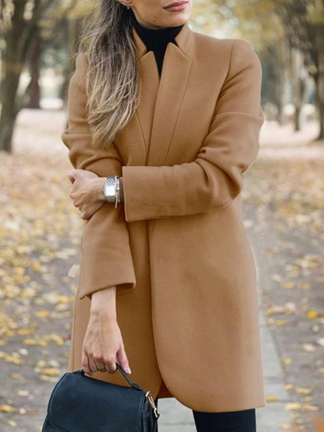 Women'S Peacoat Trench Coat Mid Long Outwear Casual Lapel Open Front Slim Fit Winter Blazer Cardigan Overcoat Khaki Medium