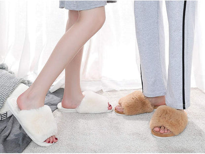 Women'S Fuzzy Fur Flat Slippers Soft Open Toe House Slippers Memory Foam Sandals Slides Home Slippers for Girls Men Indoor Outdoor