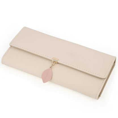 Womens Wallet PU Leather RFID Blocking Card Holder Elegant Zipper Coin Purse Leaf Pendant(Off White)