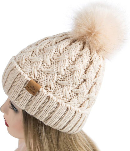 Womens Winter Ribbed Beanie Crossed Cap Chunky Cable Knit Pompom Soft Warm Hat